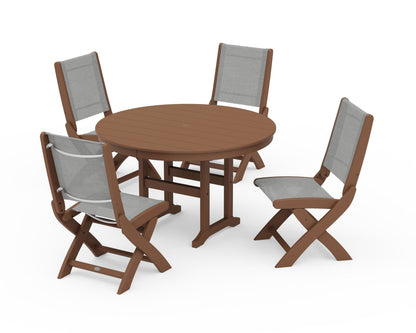 POLYWOOD® Coastal Folding Side Chair 5-Piece Round Dining Set in Teak / Metallic Sling