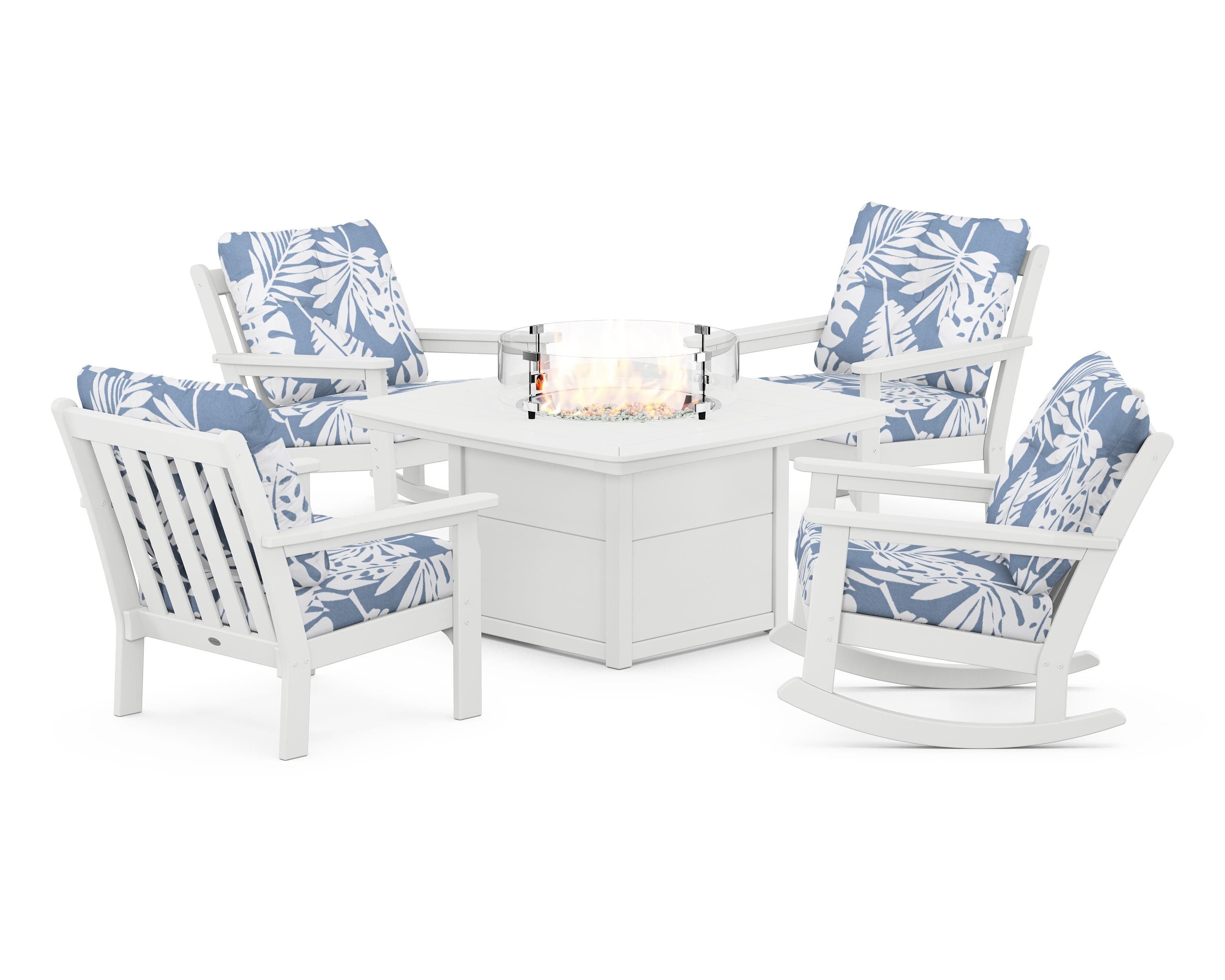 POLYWOOD® Vineyard 5-Piece Deep Seating Rocking Chair Conversation Set with Fire Pit Table in White / Leaf Sky Blue