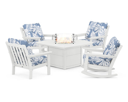 POLYWOOD® Vineyard 5-Piece Deep Seating Rocking Chair Conversation Set with Fire Pit Table in White / Leaf Sky Blue