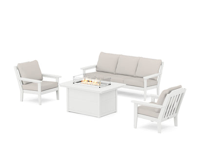 Country Living Cottage Deep Seating Fire Pit Table Set in White / Cast Ash