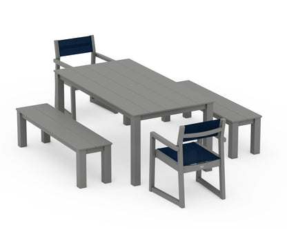 POLYWOOD® EDGE Sling Arm Chair 5-Piece Parsons Dining Set with Benches in Slate Grey / Navy Blue Sling