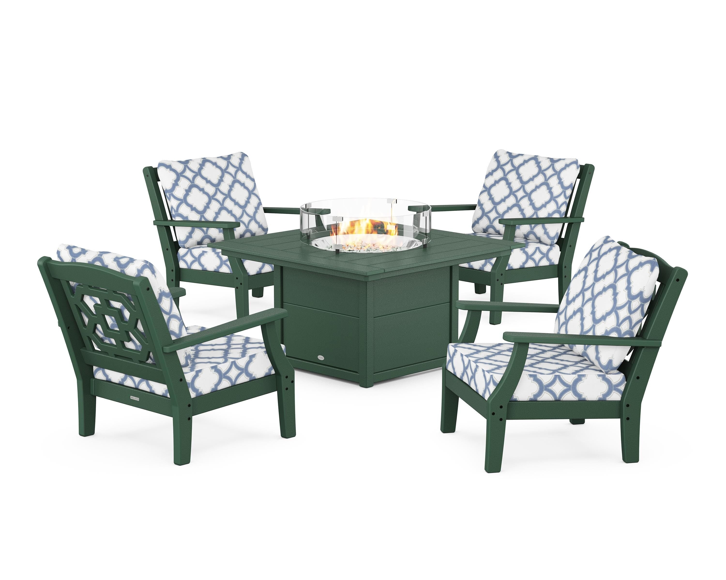 Martha Stewart by POLYWOOD® Chinoiserie 5-Piece Deep Seating Set with Fire Pit Table in Green / Trellis Sky Blue