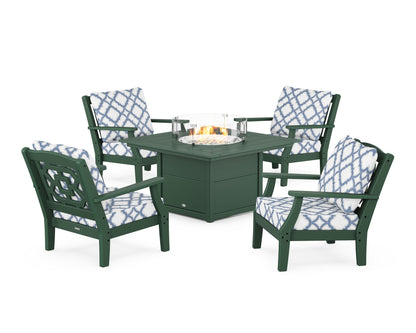 Martha Stewart by POLYWOOD® Chinoiserie 5-Piece Deep Seating Set with Fire Pit Table in Green / Trellis Sky Blue