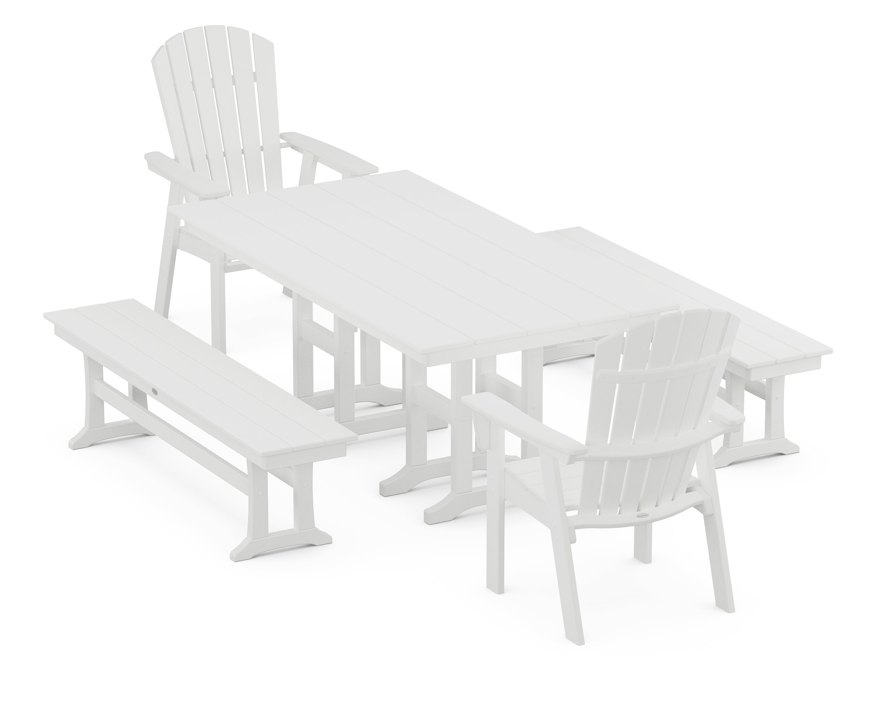 POLYWOOD® Nautical Curveback Adirondack 5-Piece Farmhouse Dining Set with Benches in White