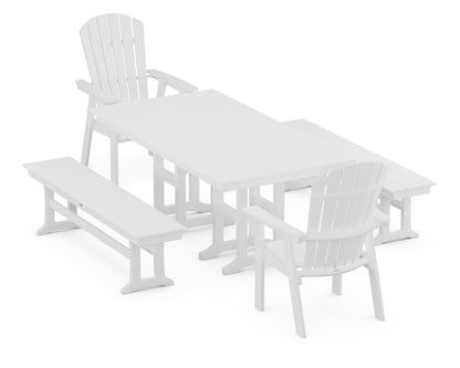 POLYWOOD® Nautical Curveback Adirondack 5-Piece Farmhouse Dining Set with Benches in White