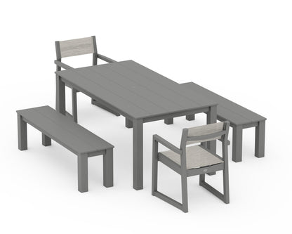 POLYWOOD® EDGE Sling Arm Chair 5-Piece Parsons Dining Set with Benches in Slate Grey / Birch Sling