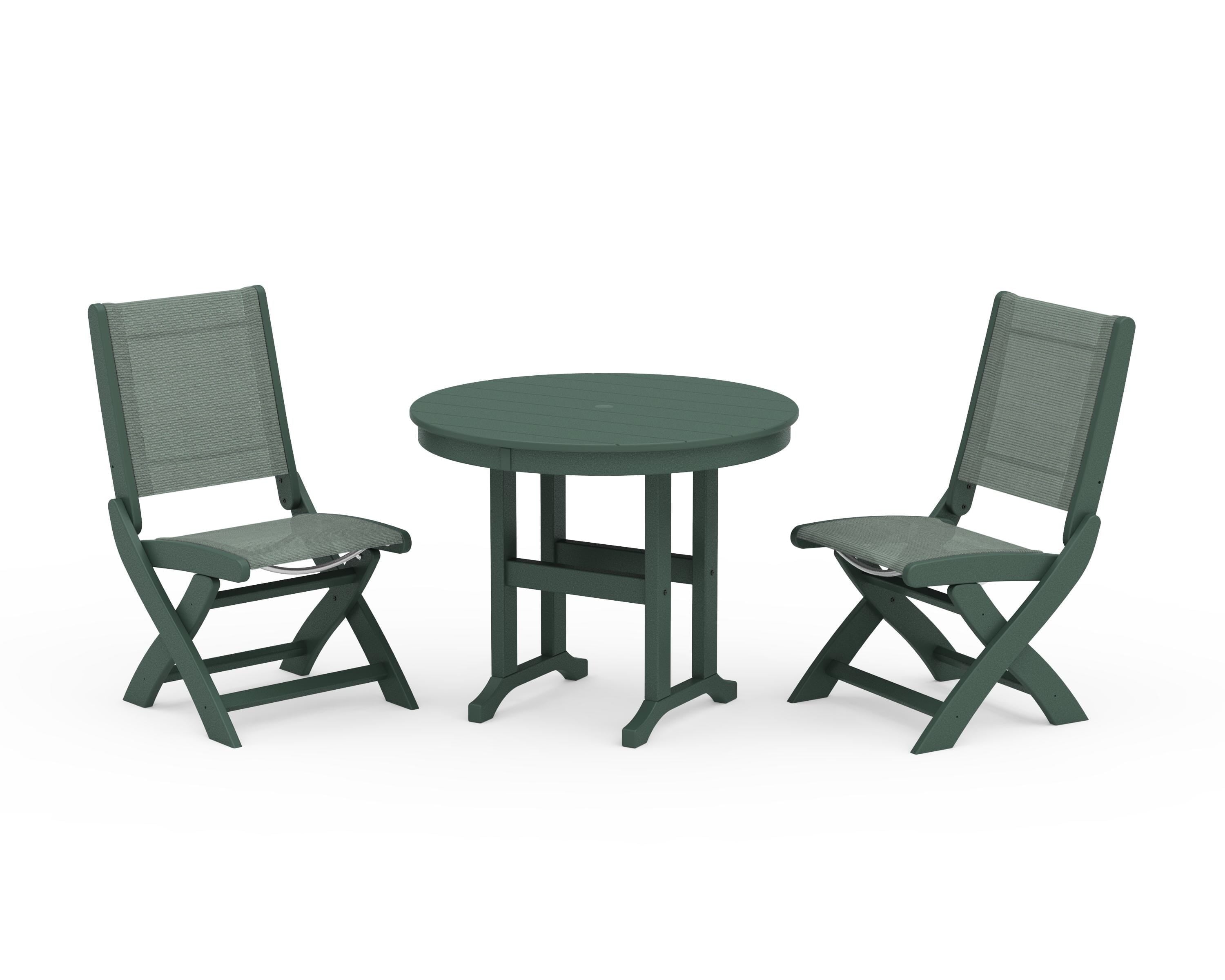 POLYWOOD® Coastal Folding Side Chair 3-Piece Round Dining Set in Green / Dupioni Sea Mist Sling