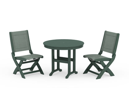 POLYWOOD® Coastal Folding Side Chair 3-Piece Round Dining Set in Green / Dupioni Sea Mist Sling