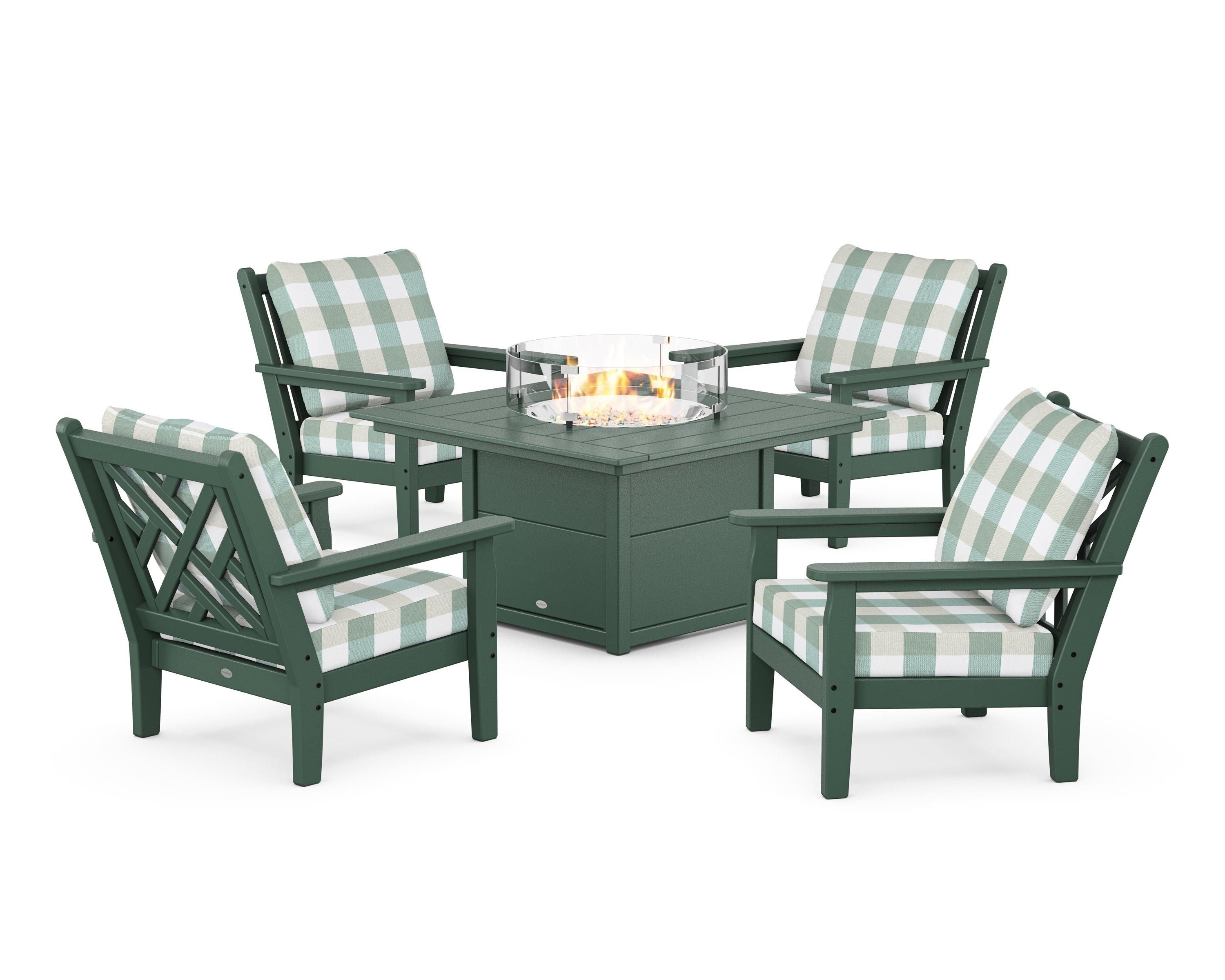 POLYWOOD® Chippendale 5-Piece Deep Seating Set with Fire Pit Table in Green / Buffalo Plaid Glacier Spa