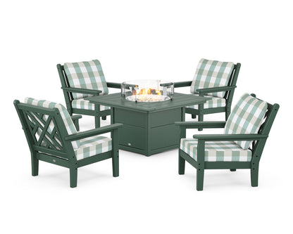 POLYWOOD® Chippendale 5-Piece Deep Seating Set with Fire Pit Table in Green / Buffalo Plaid Glacier Spa