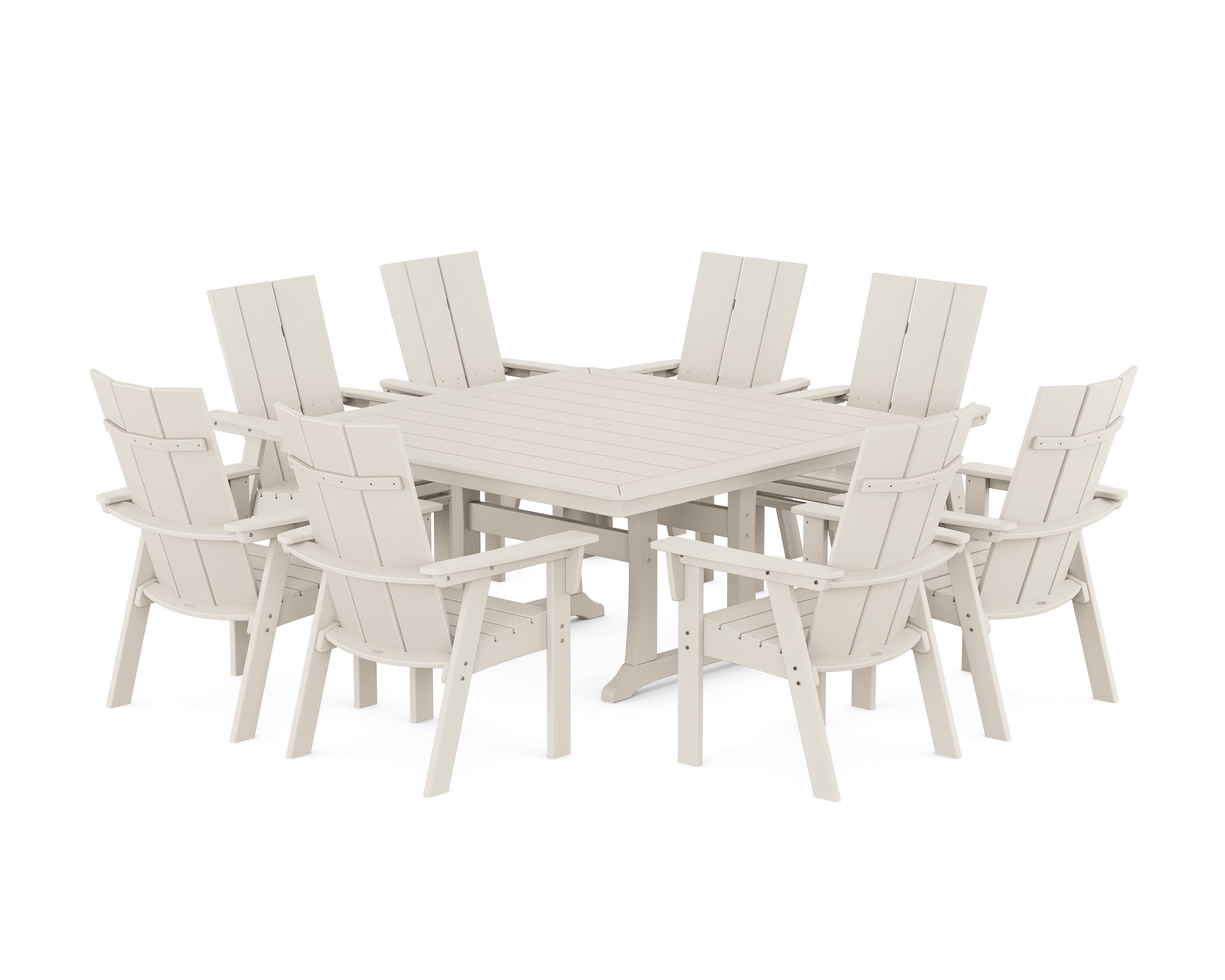POLYWOOD® Modern Curveback Adirondack 9-Piece Square Dining Set with Trestle Legs in Sand