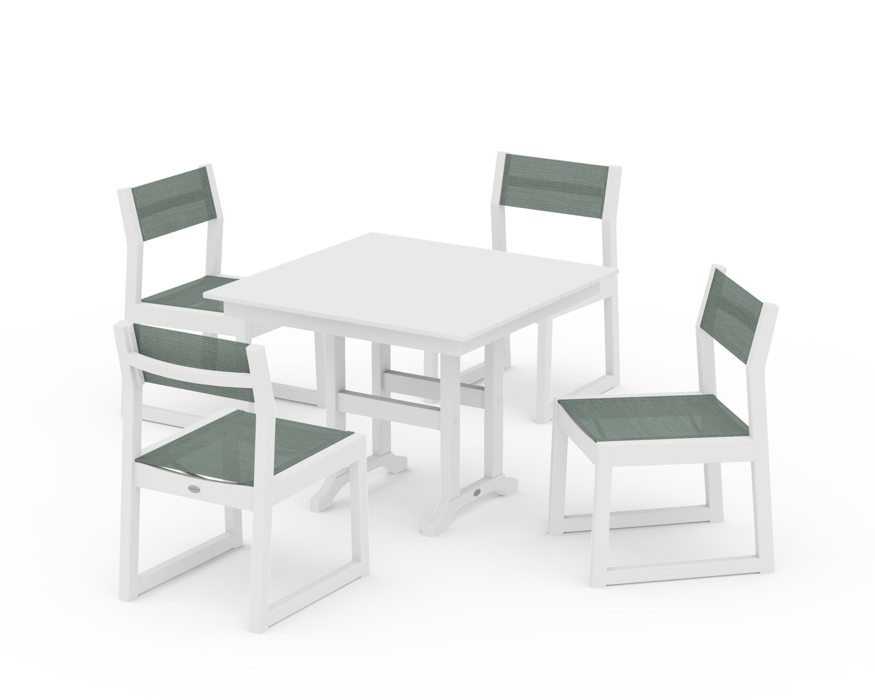 POLYWOOD® EDGE Sling Side Chair 5-Piece Farmhouse Dining Set in White / Dupioni Sea Mist Sling