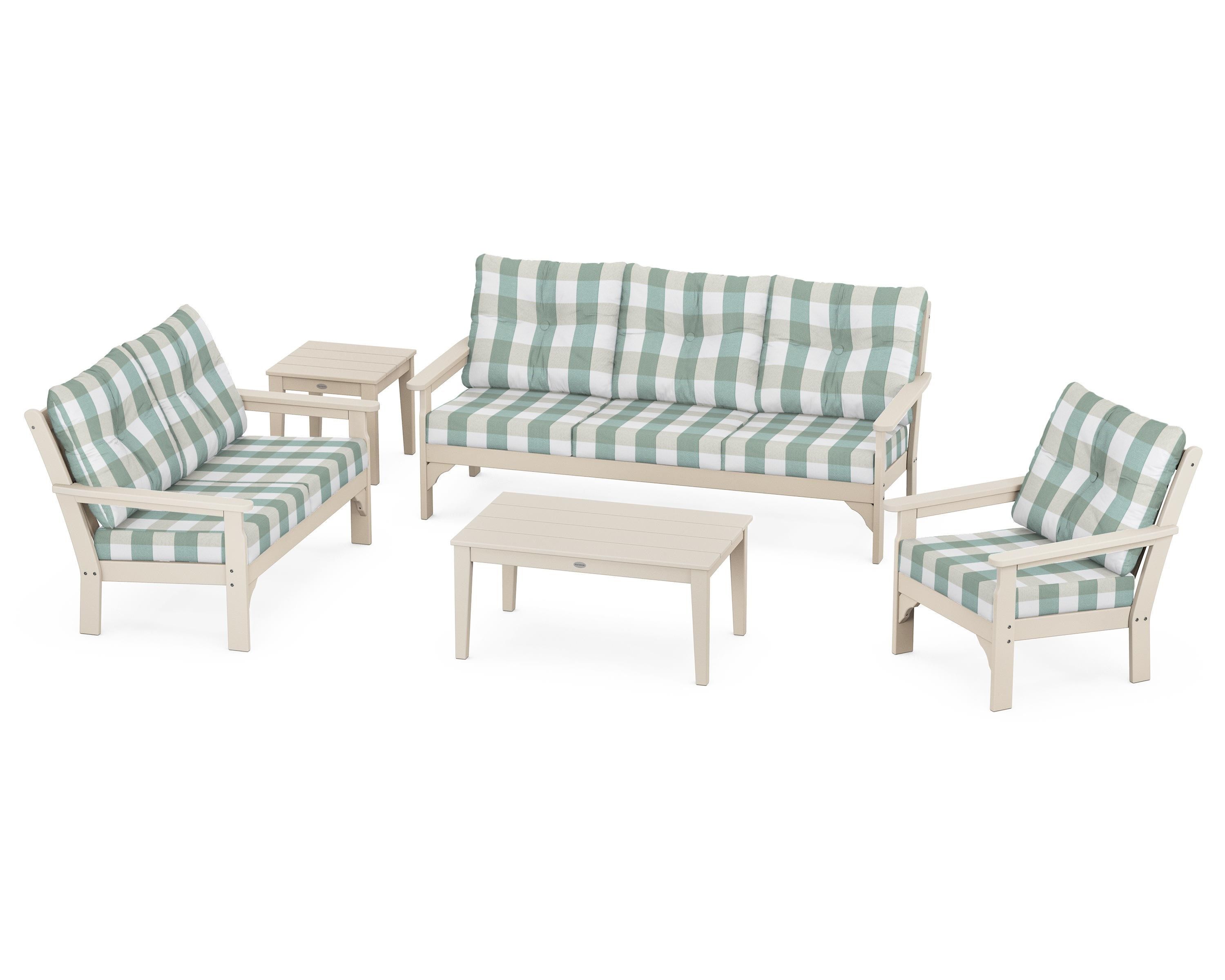 POLYWOOD® Vineyard 5 Piece Deep Seating Set in Sand / Buffalo Plaid Glacier Spa