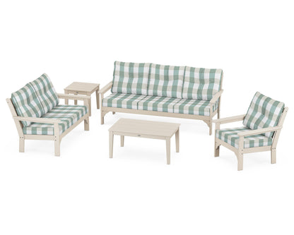POLYWOOD® Vineyard 5 Piece Deep Seating Set in Sand / Buffalo Plaid Glacier Spa