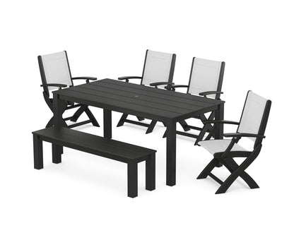 POLYWOOD® Coastal Folding Chair 6-Piece Parsons Dining Set with Bench in Black / White Sling