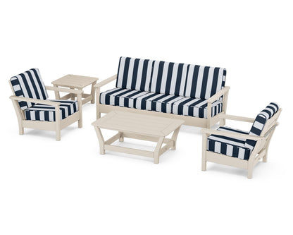 POLYWOOD® Harbour 5-Piece Deep Seating Set in Sand / Cabana Stripe Marine Indigo
