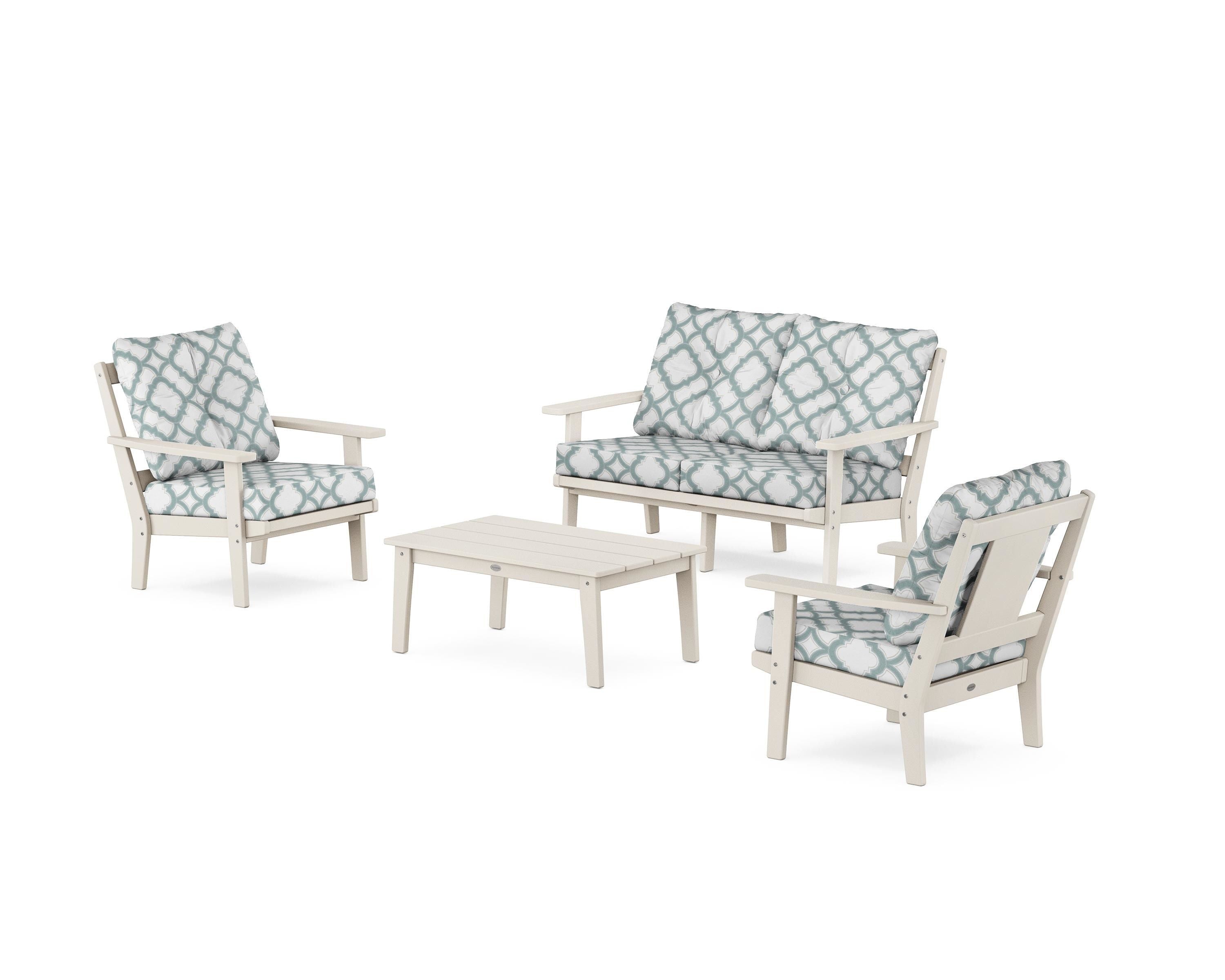 POLYWOOD® Prairie 4-Piece Deep Seating Set with Loveseat in Sand / Trellis Glacier Spa
