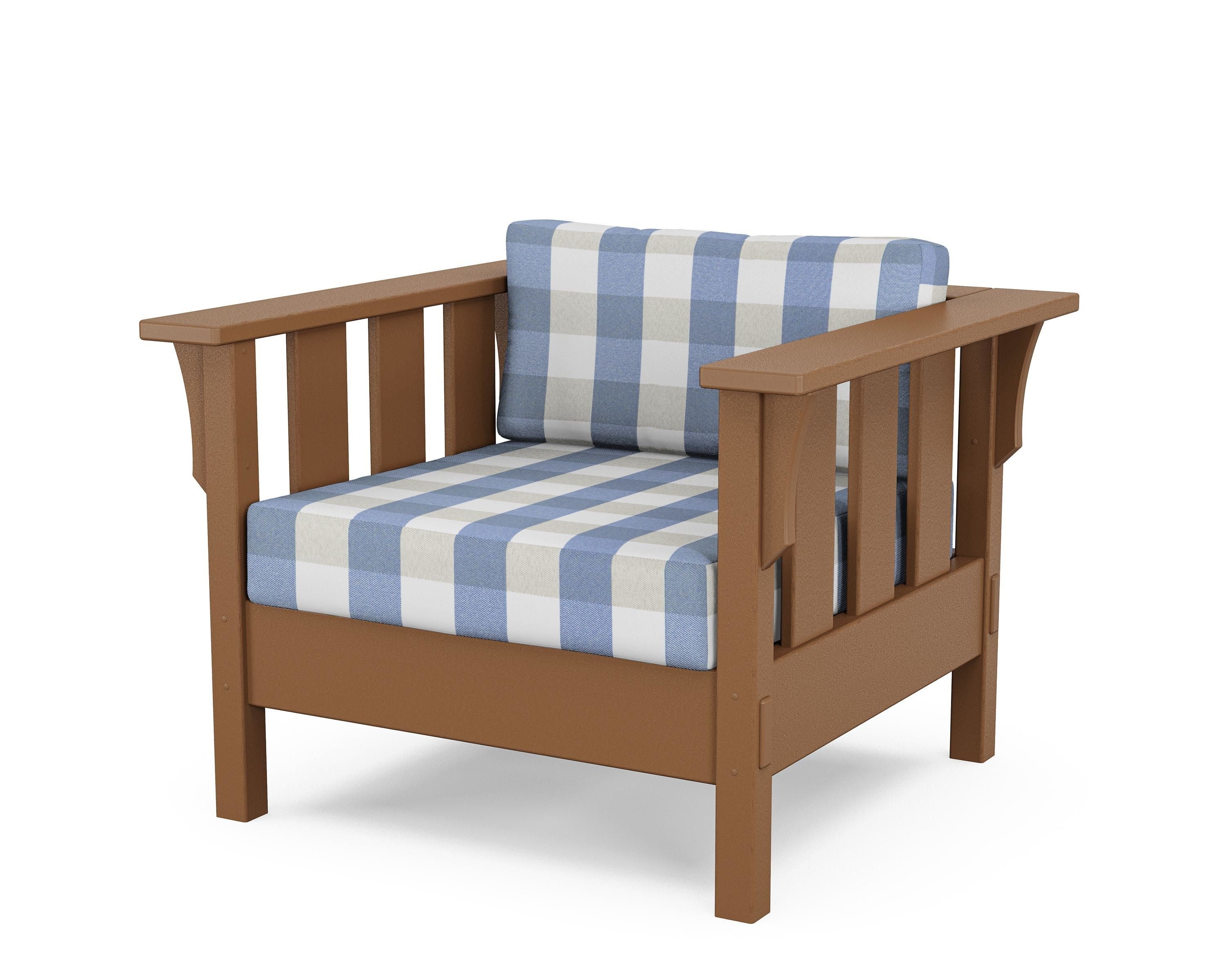 Martha Stewart by POLYWOOD® Acadia Deep Seating Chair in Teak / Buffalo Plaid Sky Blue