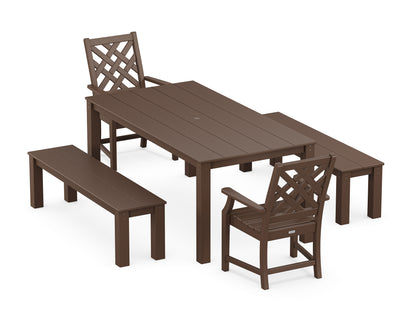 Country Living Wovendale 5-Piece Parsons Dining Set with Benches in Mahogany