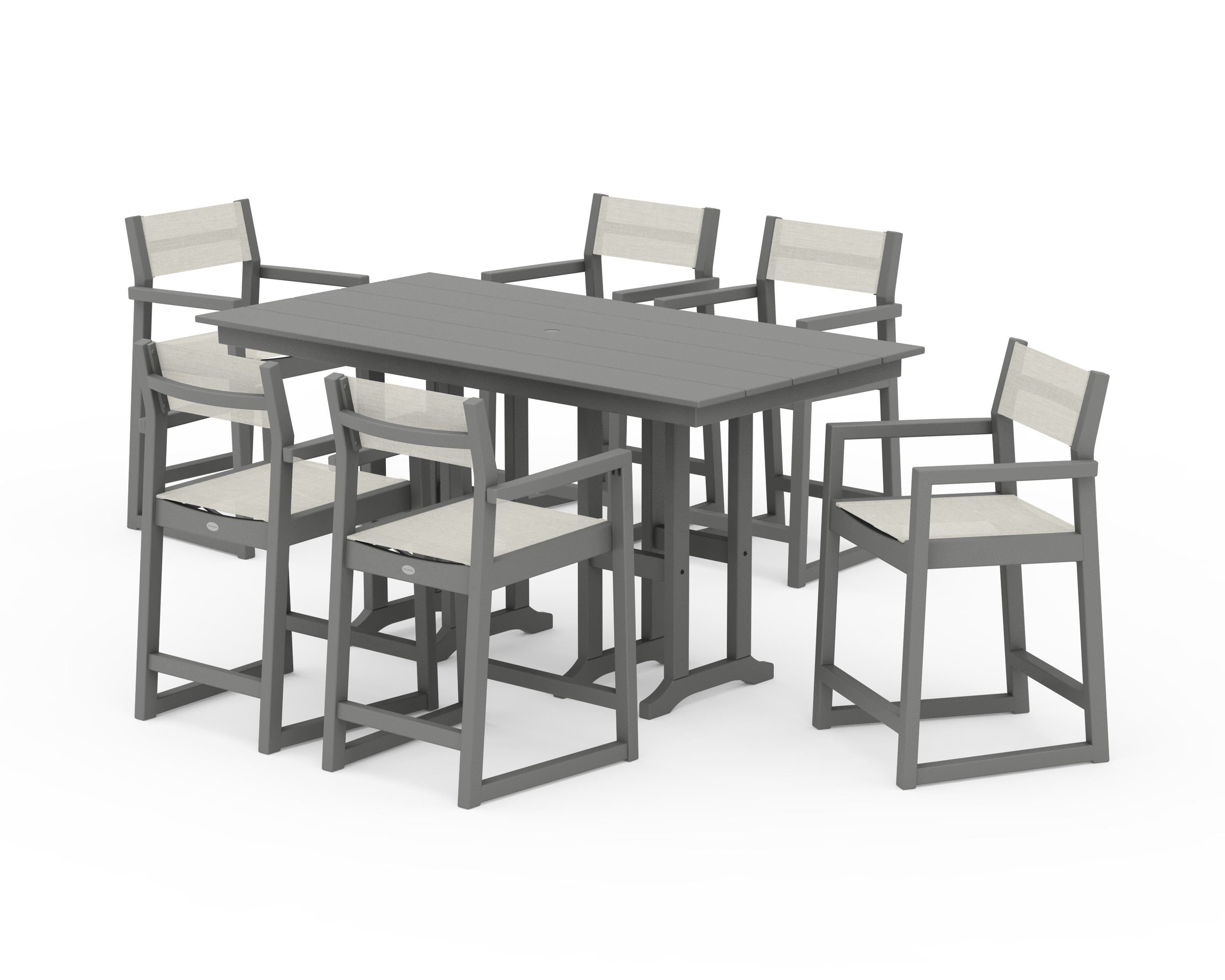 POLYWOOD® EDGE Sling Arm Chair 7-Piece Farmhouse Counter Set in Slate Grey / Parchment Sling