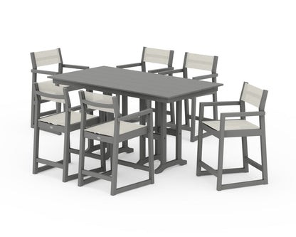 POLYWOOD® EDGE Sling Arm Chair 7-Piece Farmhouse Counter Set in Slate Grey / Parchment Sling