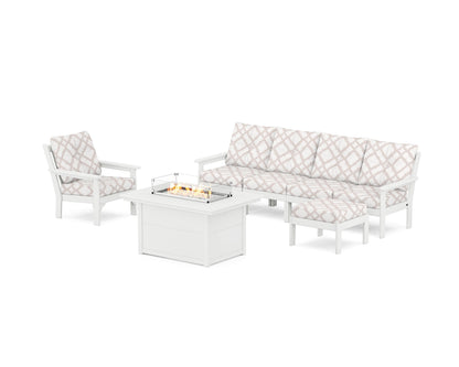 POLYWOOD® Vineyard Sectional Lounge and Fire Pit Set in White / Trellis Dune Burlap