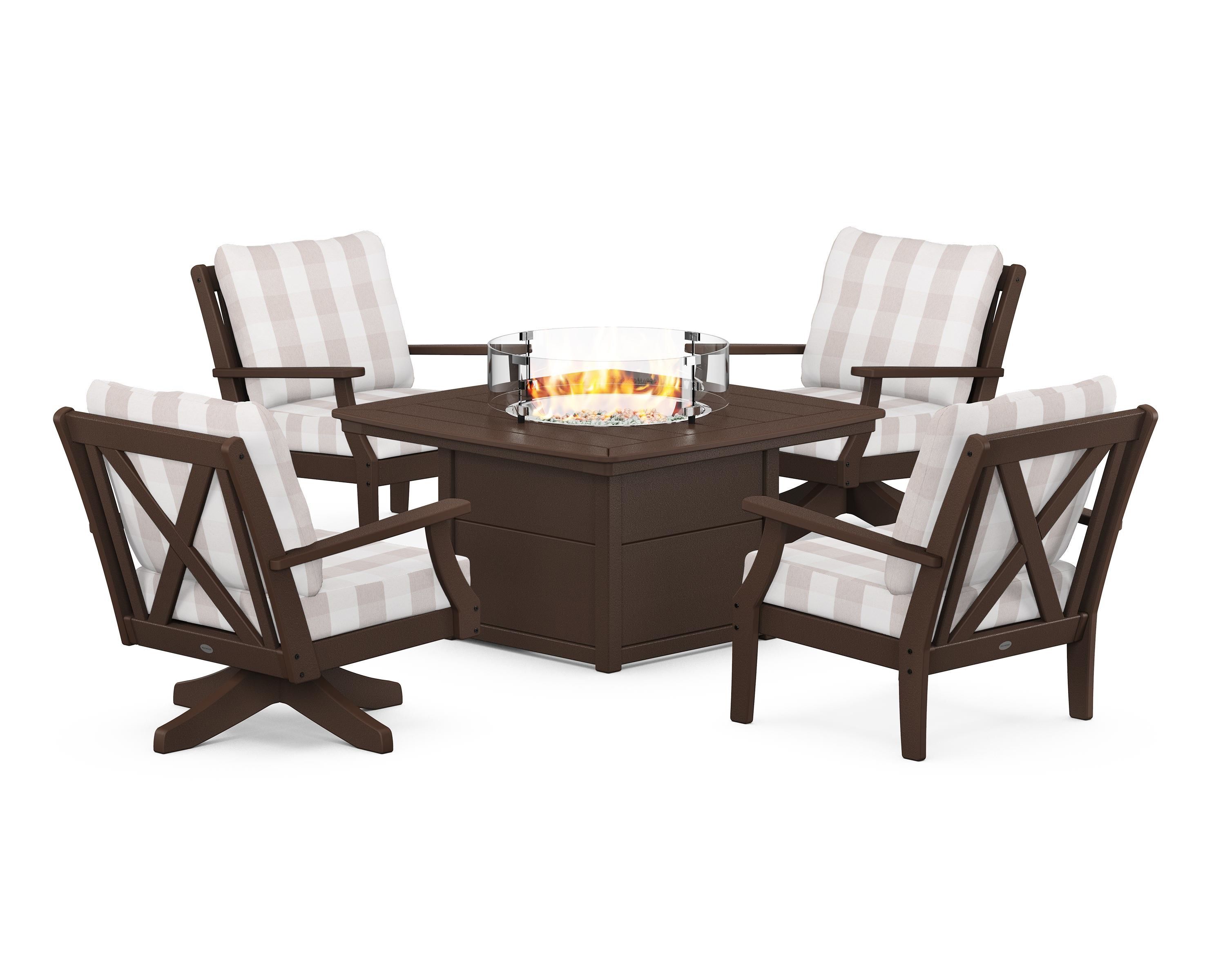 POLYWOOD® Braxton 5-Piece Deep Seating Set with Fire Table in Mahogany / Buffalo Plaid Dune Burlap