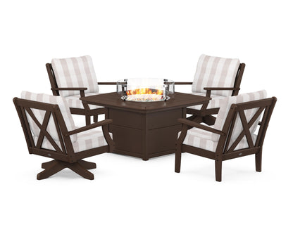POLYWOOD® Braxton 5-Piece Deep Seating Set with Fire Table in Mahogany / Buffalo Plaid Dune Burlap