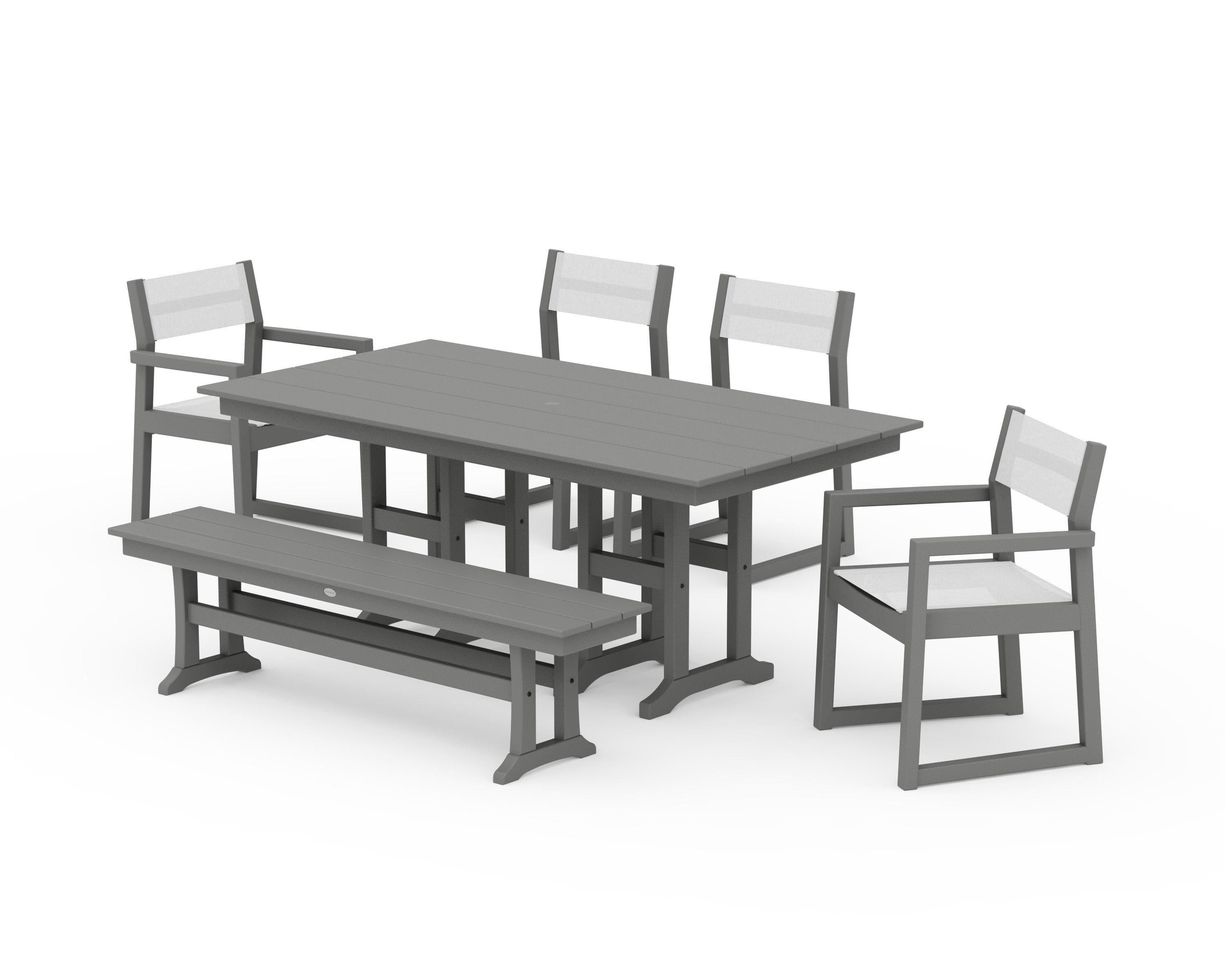 POLYWOOD® EDGE Sling 6-Piece Farmhouse Dining Set in Slate Grey / White Sling
