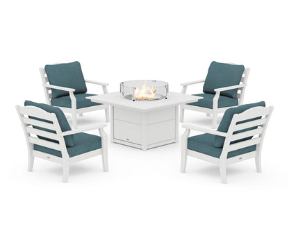 Draper James™ by  POLYWOOD® Savannah 5-Piece Deep Seating Set with Fire Pit Table in White / Ocean Teal