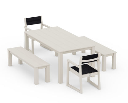 POLYWOOD® EDGE Sling Arm Chair 5-Piece Parsons Dining Set with Benches in Sand / Black Sling