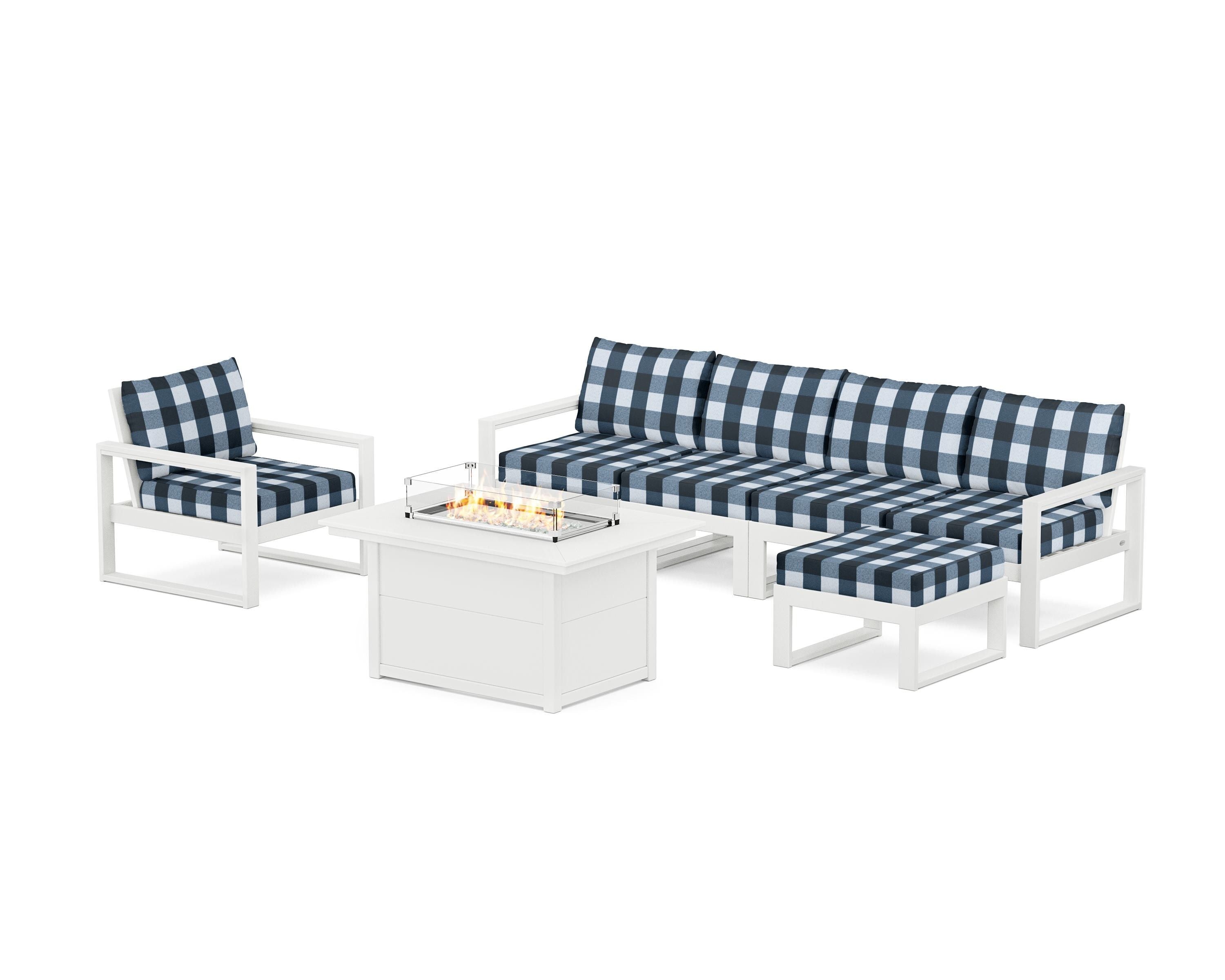 POLYWOOD® EDGE Sectional Lounge and Fire Pit Set in White / Buffalo Plaid Marine Indigo