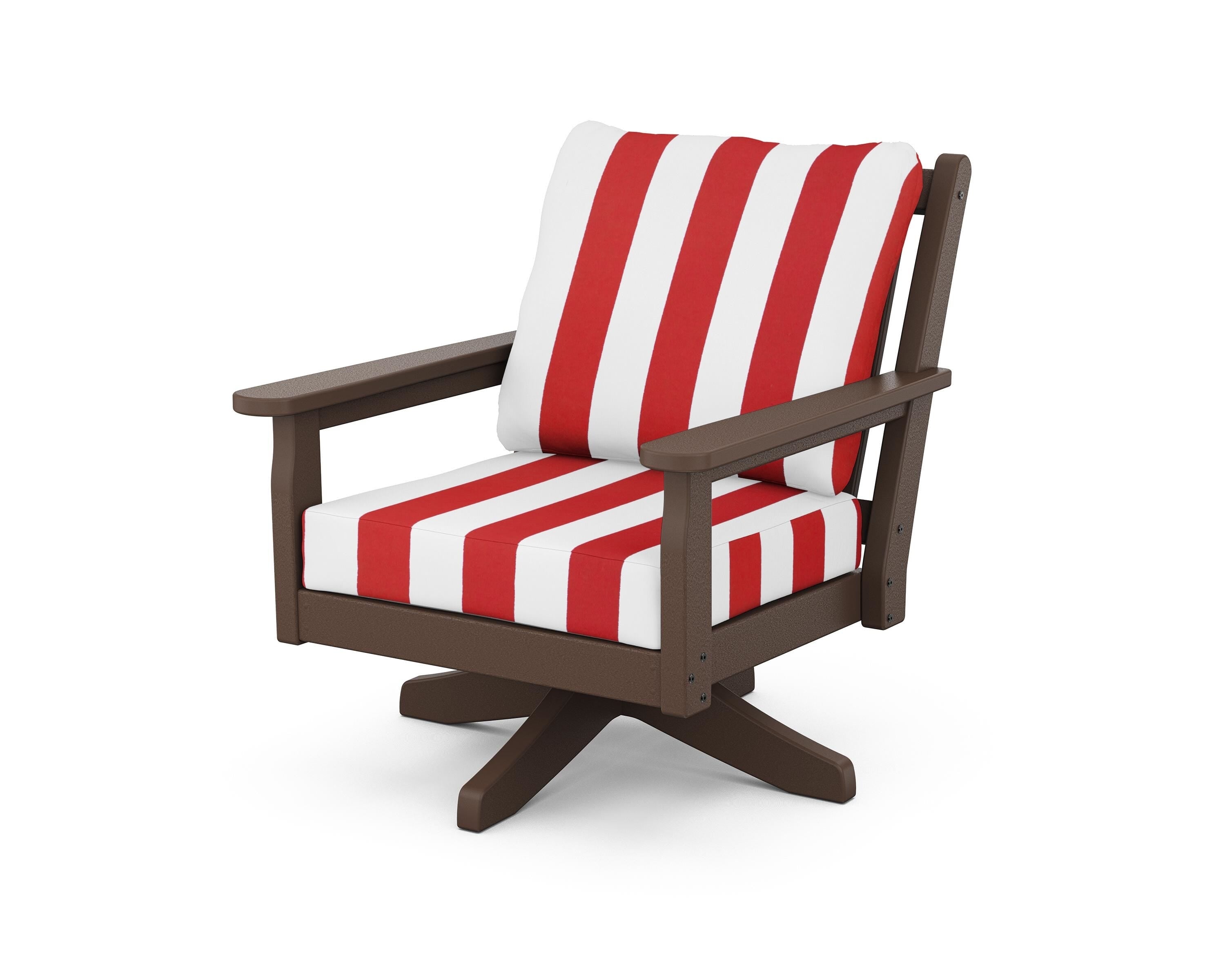 POLYWOOD® Chippendale Deep Seating Swivel Chair in Mahogany / Cabana Stripe Crimson