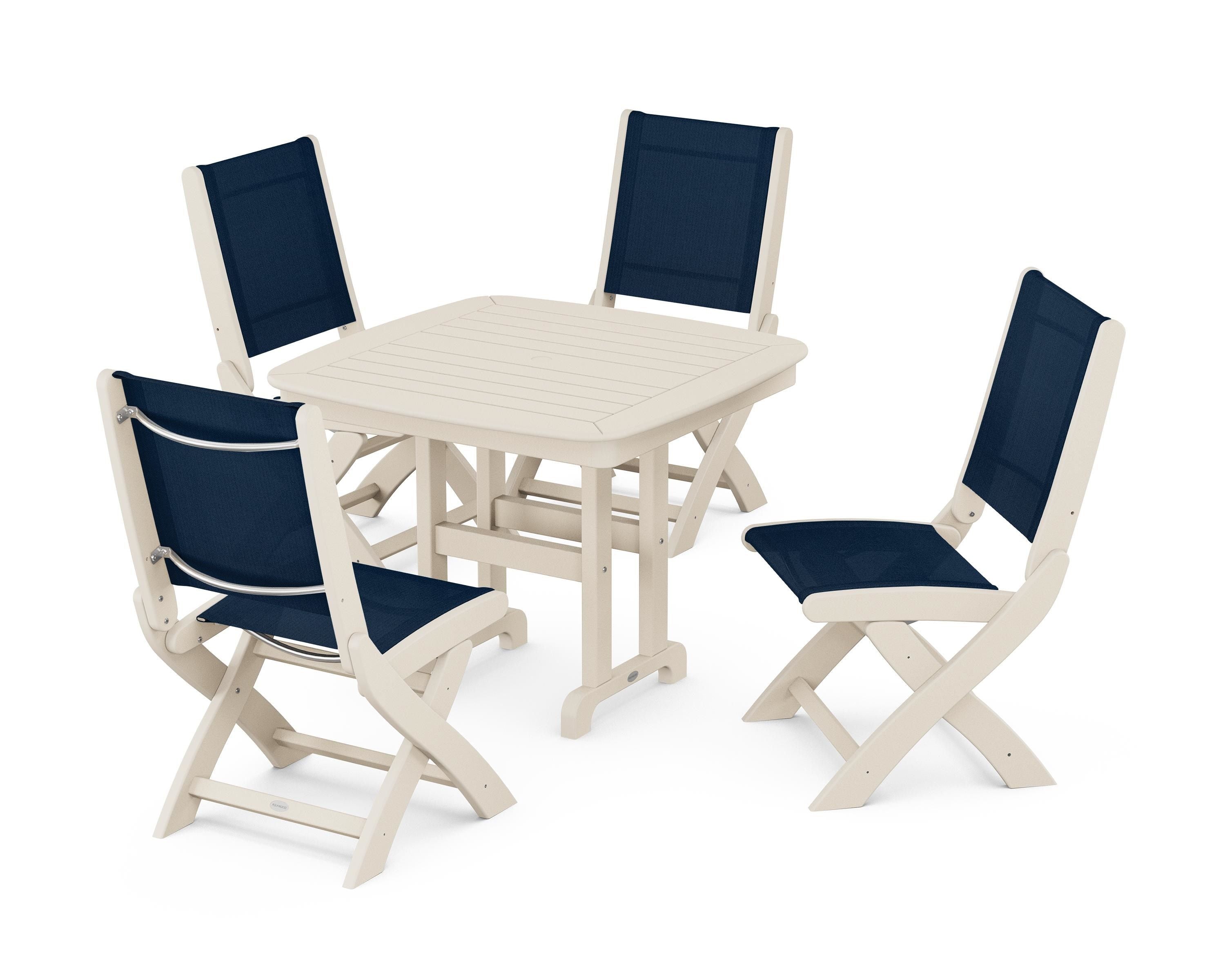 POLYWOOD® Coastal Folding Side Chair 5-Piece Dining Set in Sand / Navy Blue Sling