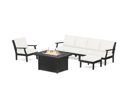 POLYWOOD® Braxton Sectional Lounge and Fire Pit Set in Black / Natural Linen