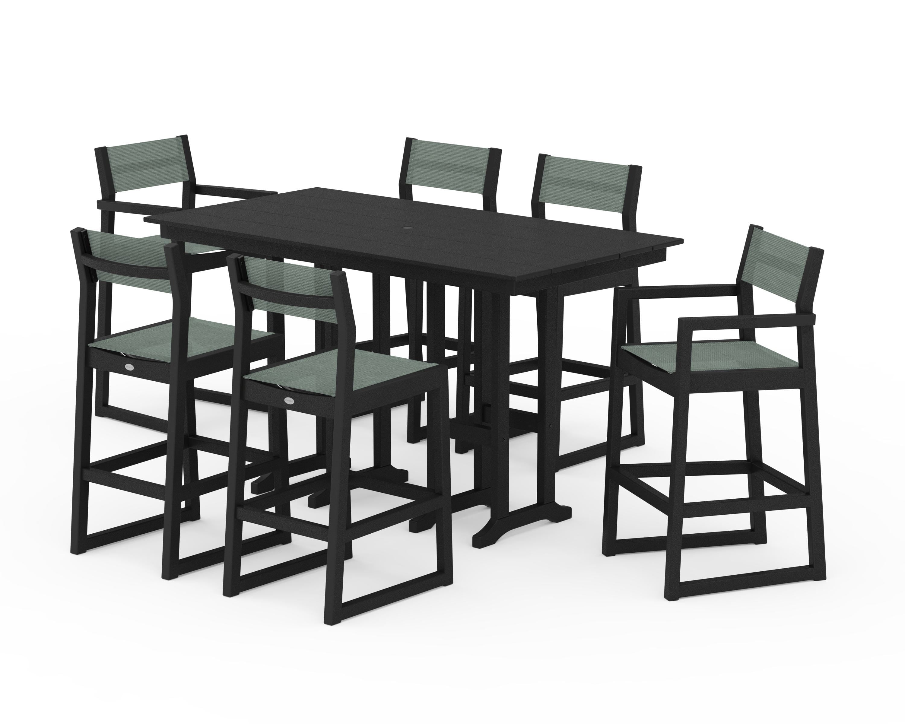 POLYWOOD® EDGE Sling 7-Piece Farmhouse Bar Set in Black / Dupioni Sea Mist Sling