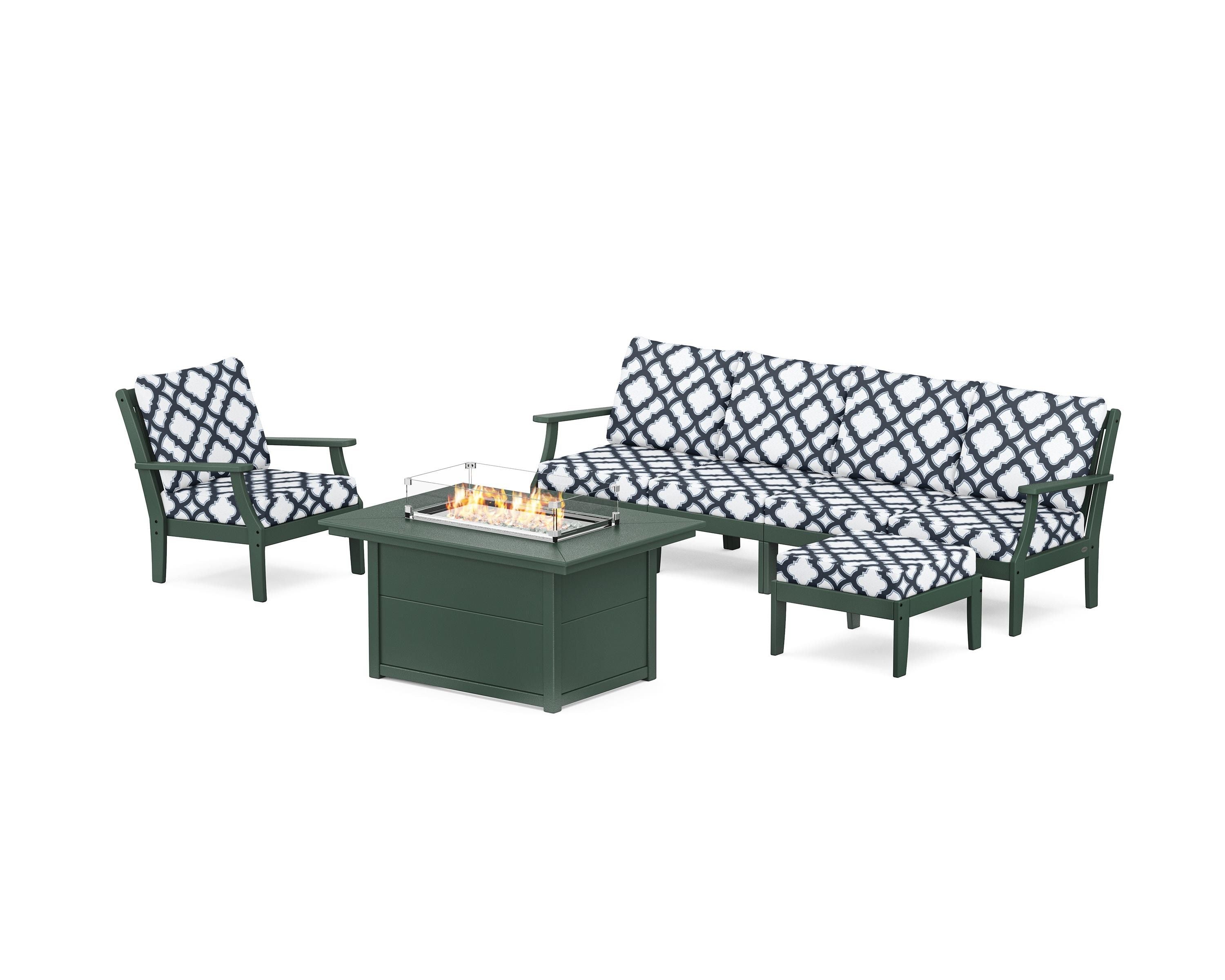 POLYWOOD® Braxton Sectional Lounge and Fire Pit Set in Green / Trellis Marine Indigo