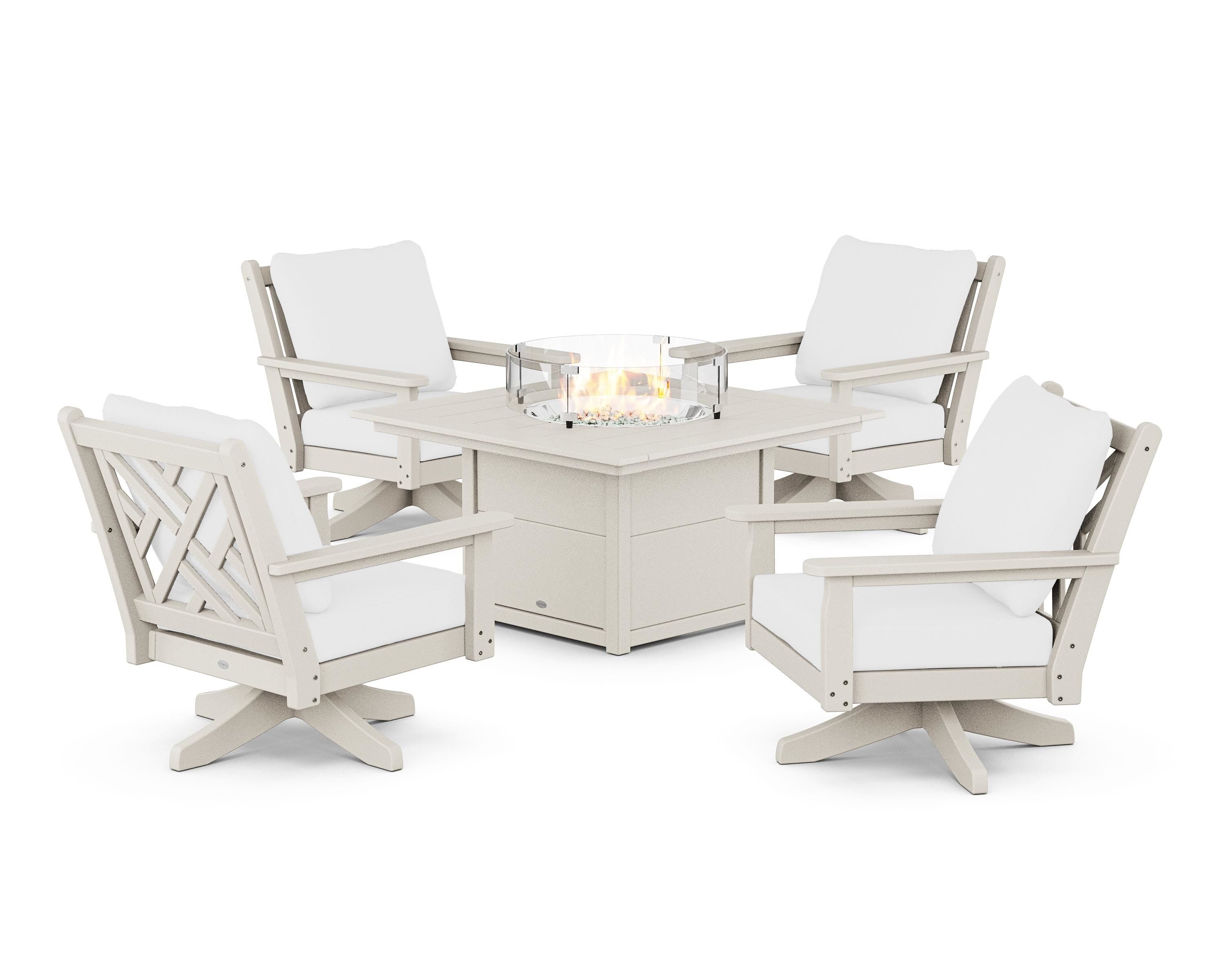 POLYWOOD® Chippendale 5-Piece Deep Seating Swivel Conversation Set with Fire Pit Table in Sand / Natural