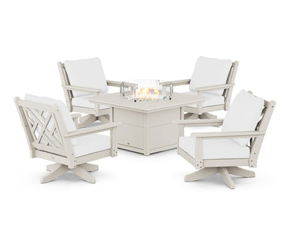 POLYWOOD® Chippendale 5-Piece Deep Seating Swivel Conversation Set with Fire Pit Table in Sand / Natural