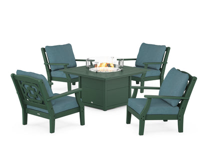 Martha Stewart by POLYWOOD® Chinoiserie 5-Piece Deep Seating Set with Fire Pit Table in Green / Ocean Teal