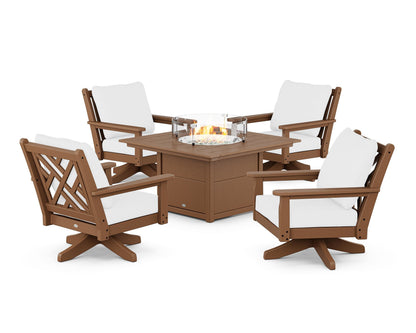POLYWOOD® Chippendale 5-Piece Deep Seating Swivel Conversation Set with Fire Pit Table in Teak / Natural