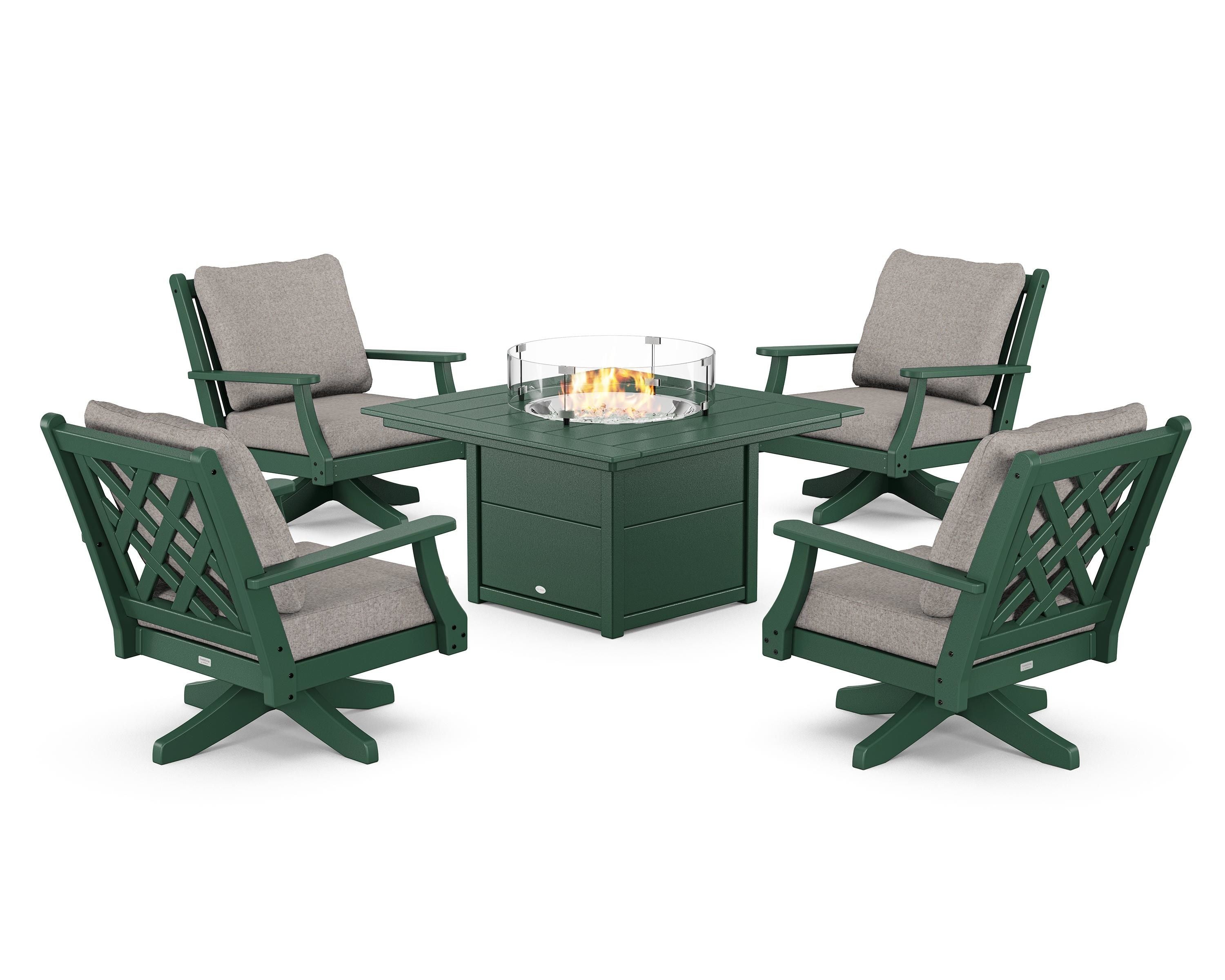 Country Living Wovendale 5-Piece Deep Seating Swivel Conversation Set with Fire Pit Table in Green / Weathered Tweed