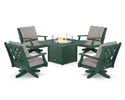 Country Living Wovendale 5-Piece Deep Seating Swivel Conversation Set with Fire Pit Table in Green / Weathered Tweed