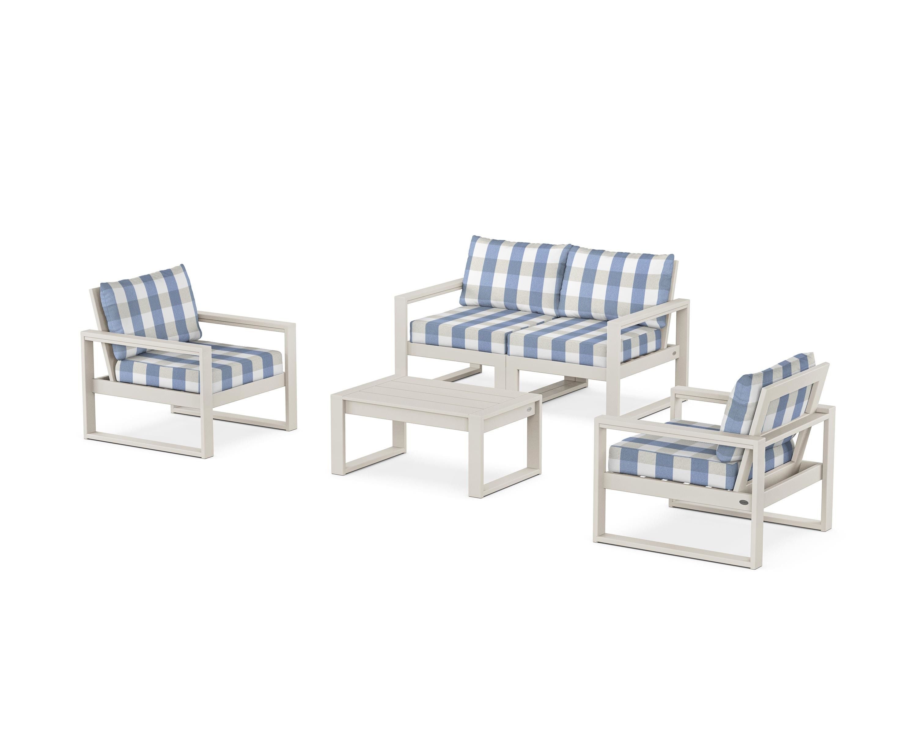 POLYWOOD® EDGE Sectional 4-Piece Deep Seating Set with Loveseat in Sand / Buffalo Plaid Sky Blue
