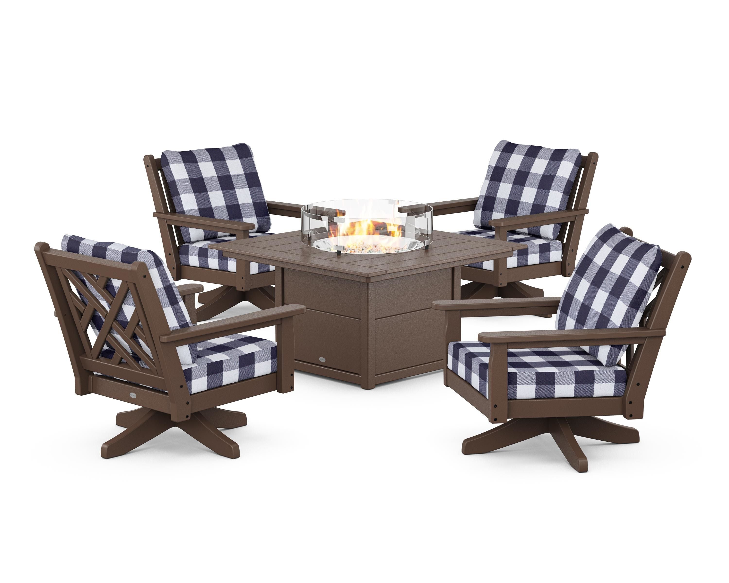 POLYWOOD® Chippendale 5-Piece Deep Seating Swivel Conversation Set with Fire Pit Table in Mahogany / Buffalo Plaid Navy