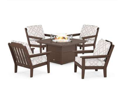 Country Living Cottage 5-Piece Deep Seating Set with Fire Pit Table in Mahogany / Trellis Dune Burlap