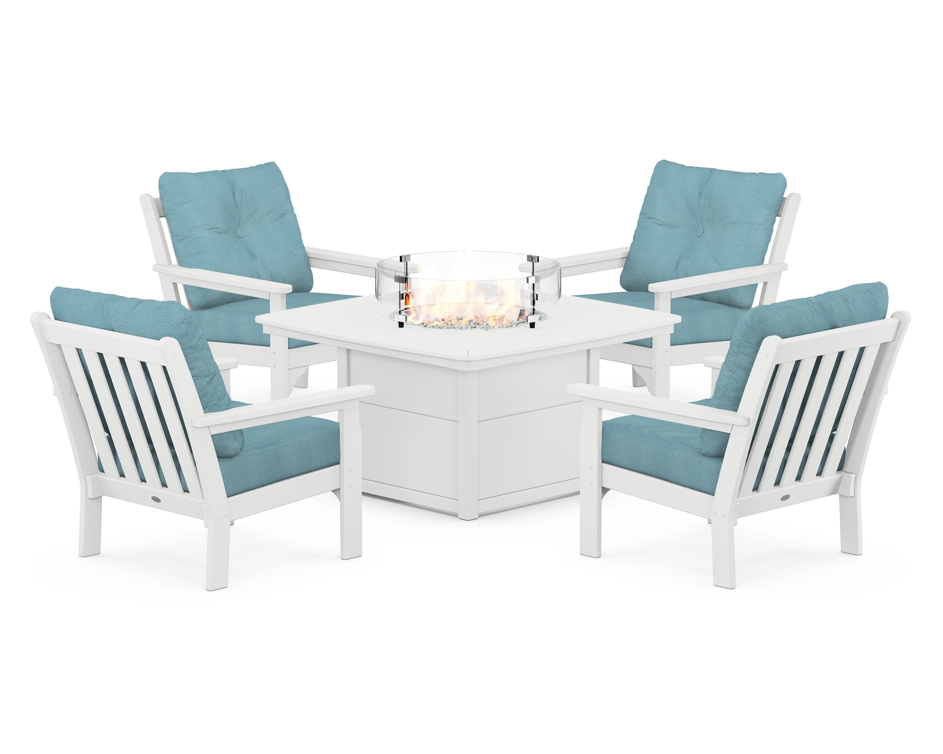 POLYWOOD® Vineyard 5-Piece Conversation Set with Fire Pit Table in White / Lattice Sky Blue