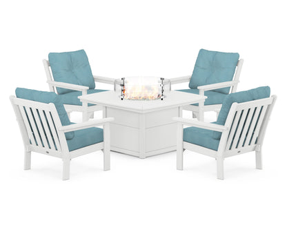 POLYWOOD® Vineyard 5-Piece Conversation Set with Fire Pit Table in White / Lattice Sky Blue