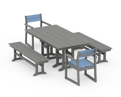 POLYWOOD® EDGE Sling Arm Chair 5-Piece Farmhouse Dining Set with Benches in Slate Grey / Poolside Sling