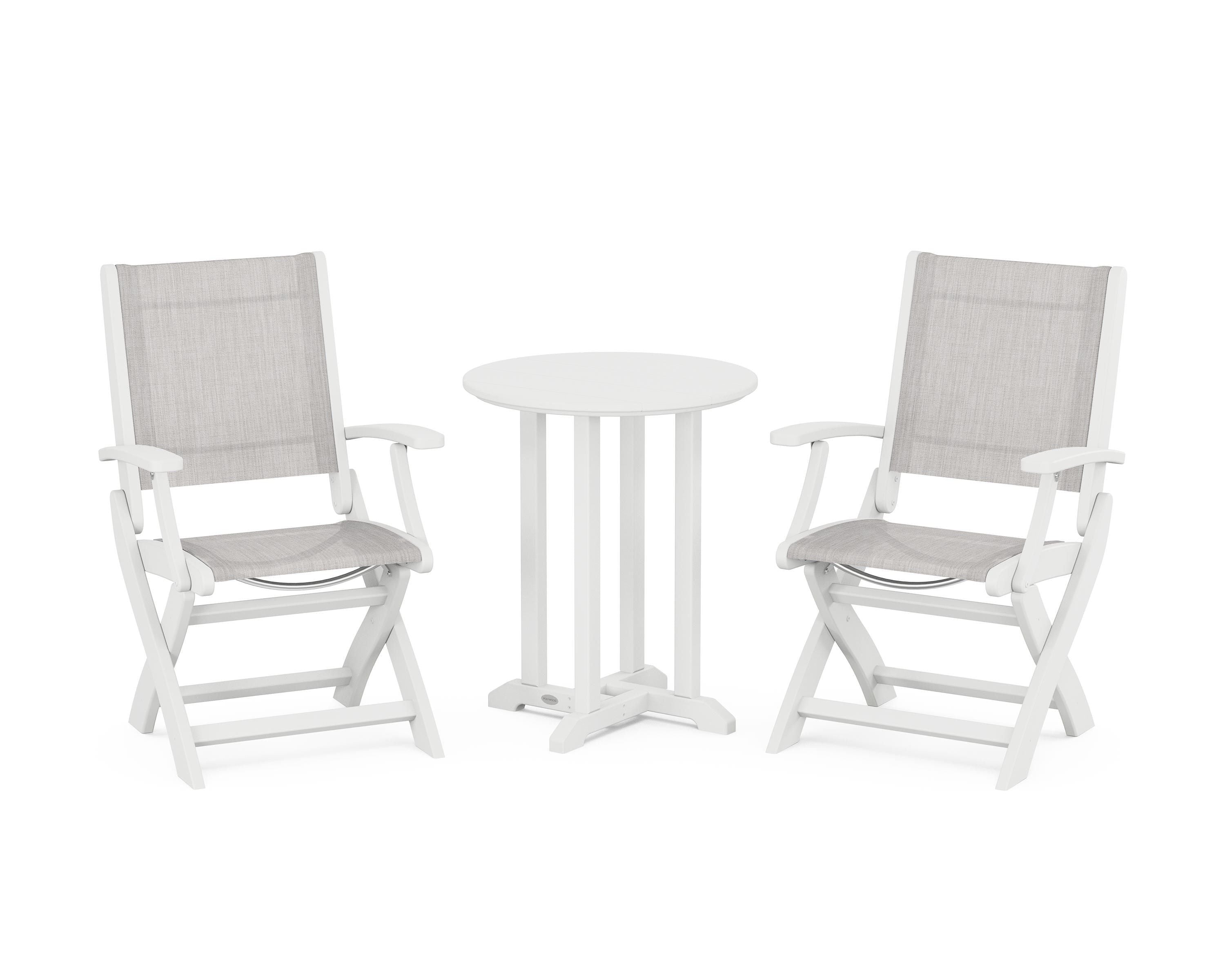 POLYWOOD® Coastal Folding 3-Piece Round Bistro Dining Set in White / Parchment Sling